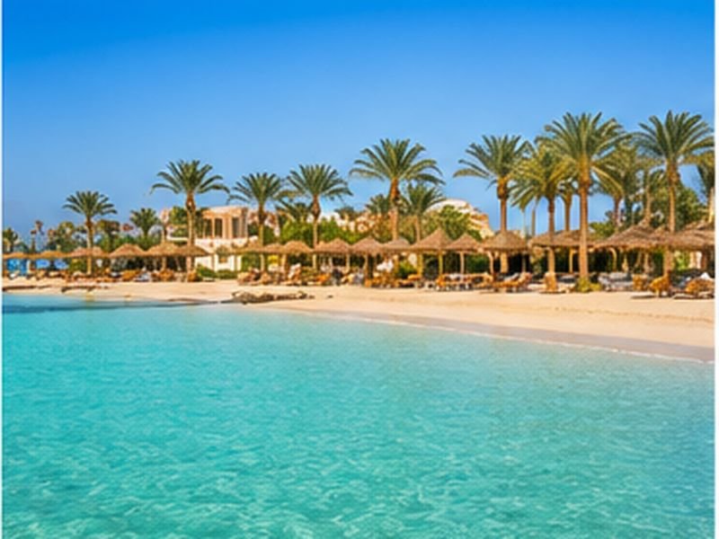Hotelstrand mit Palmen und Sonnenschirmen am Roten Meer
