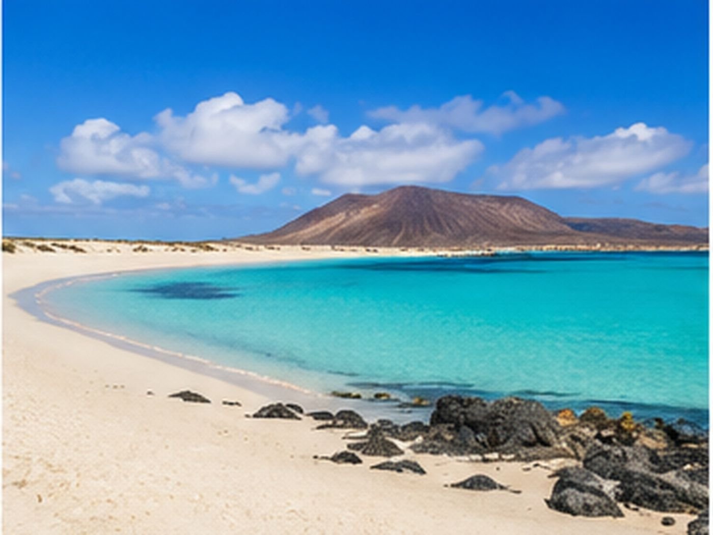 Lagune mit weißem Sand und Vulkan auf Fuerteventura